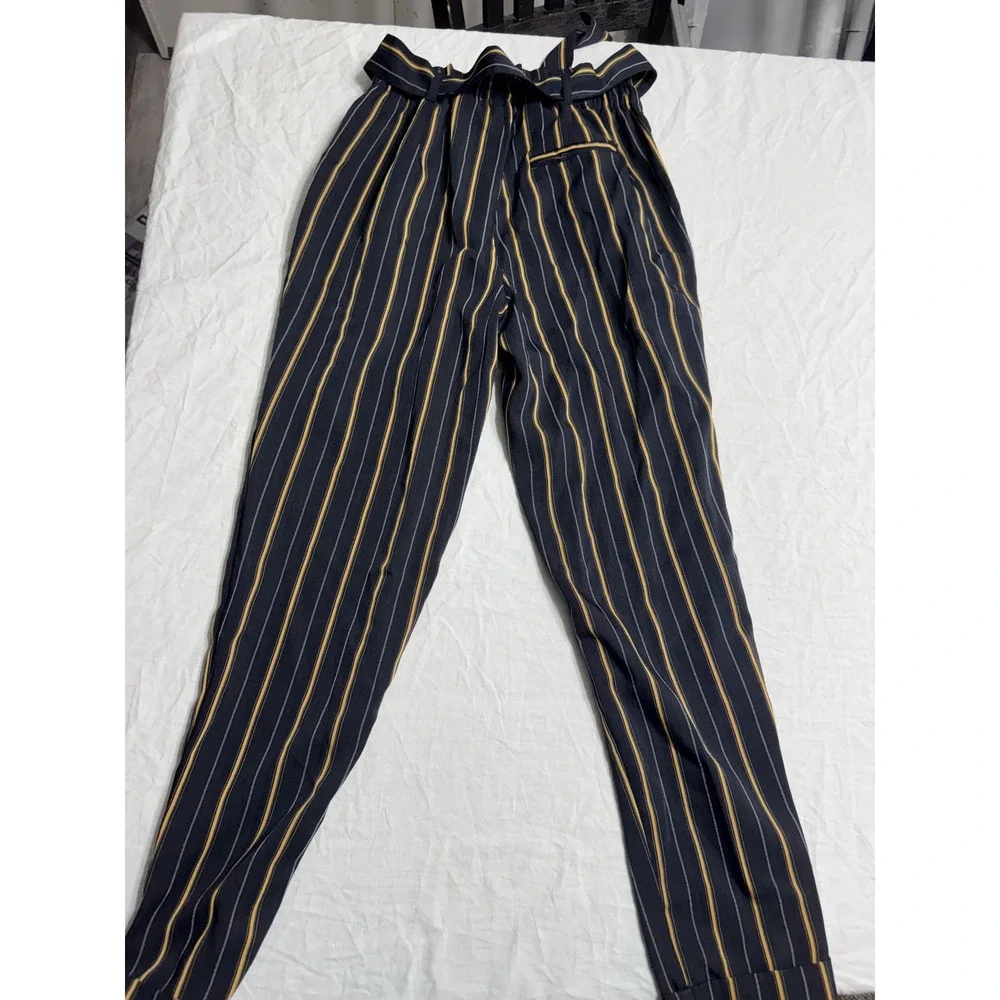 Charlotte Russe Striped Paperbag Waist Pants Black Gold White Small Tapered Leg
